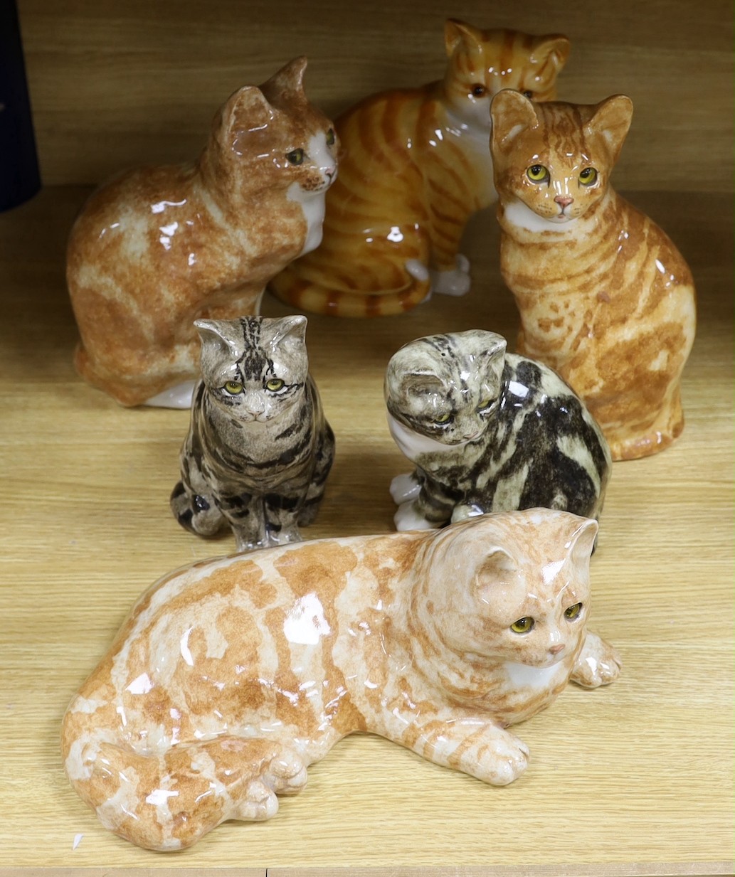 Three large Winstanley pottery models of cats, size 5 and 6, two similar size 4 cats and a Just Cats & Co. Staffordshire cat, 31cm